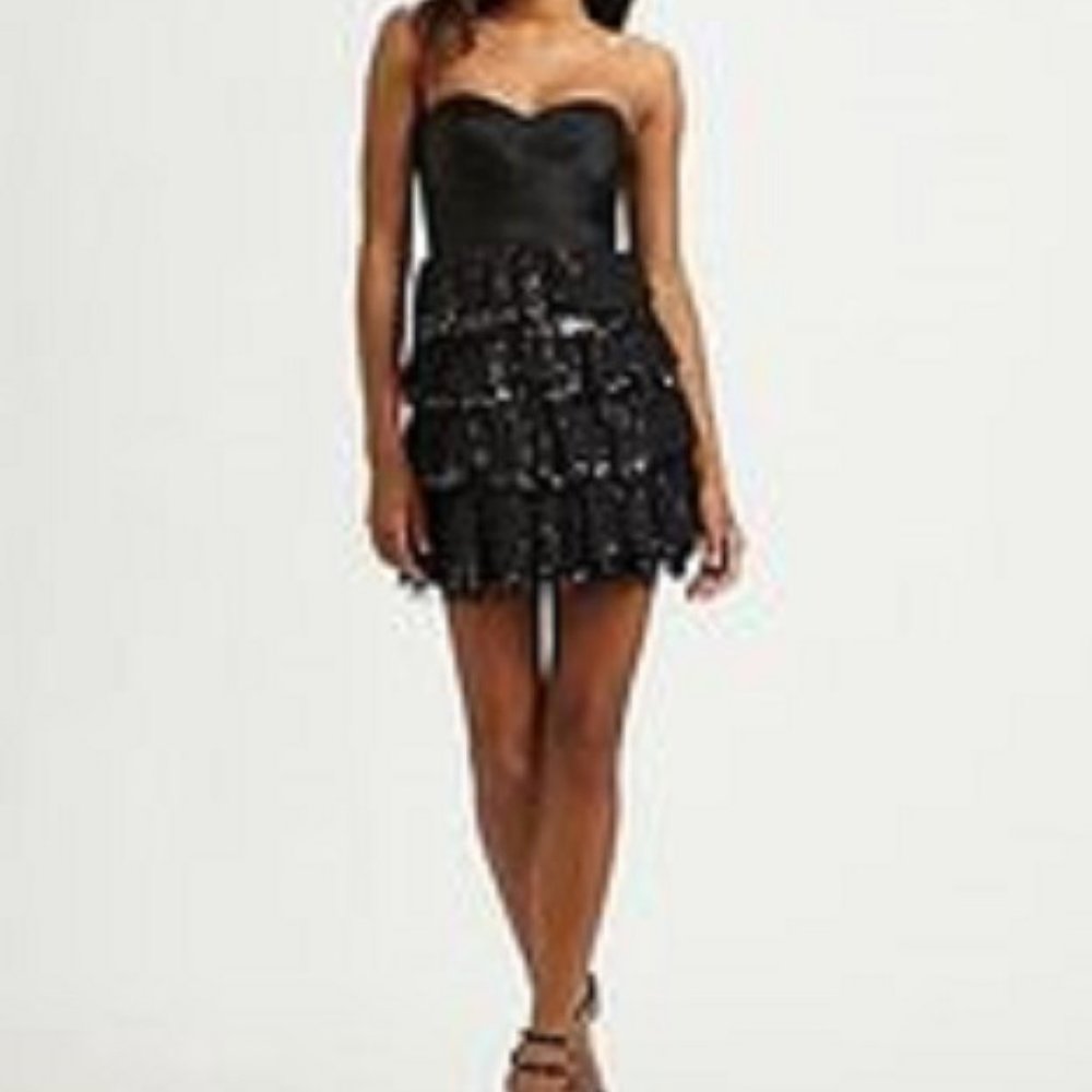 BCBGMaxAzria Sexy Black Tiered Sateen Formal Dress